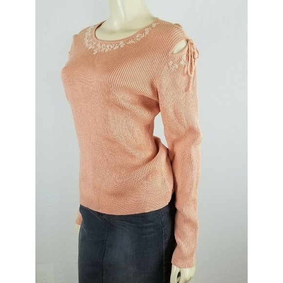 CHRISTINE PHILLIPE peach peekaboo sleeves beaded Sweater size Large - Picture 3 of 11